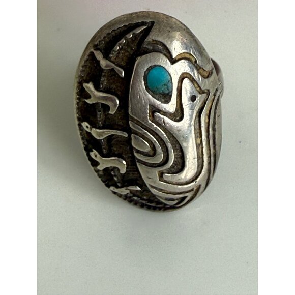 Vintage 60s Navajo Ring Sterling Turquoise Fetish Animals Birds Bears Size 7.25 - Picture 5 of 11